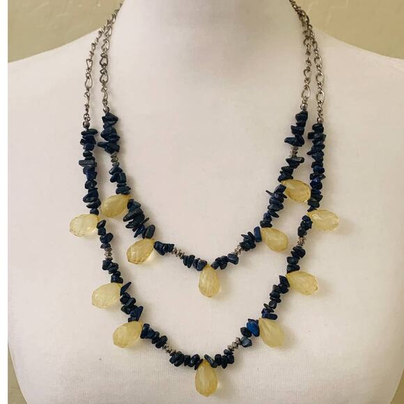 Two Strand Beaded Silver Chain Blue Chip Yellow Teardrop Necklace - Picture 2 of 6